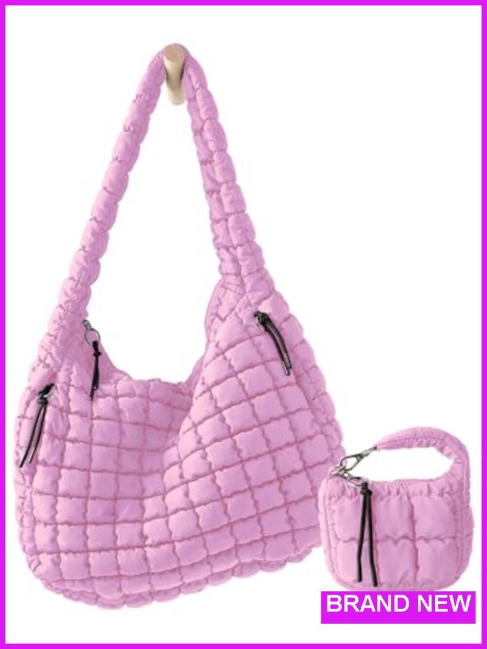 Large Quilted Puffer Tote Bag with Mini Pouch Set, Nylon Hobo Shoulder Crossbody